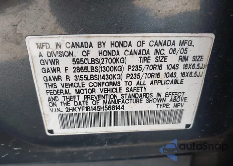 2005 Honda Pilot Lx из США, поврежденный, VIN 2HKYF18145H566144